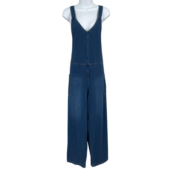 HALARA Pants - Halara Jumpsuit Women Large Blue Cotton Blend Wide Leg Stretch V-Neck Minimalist